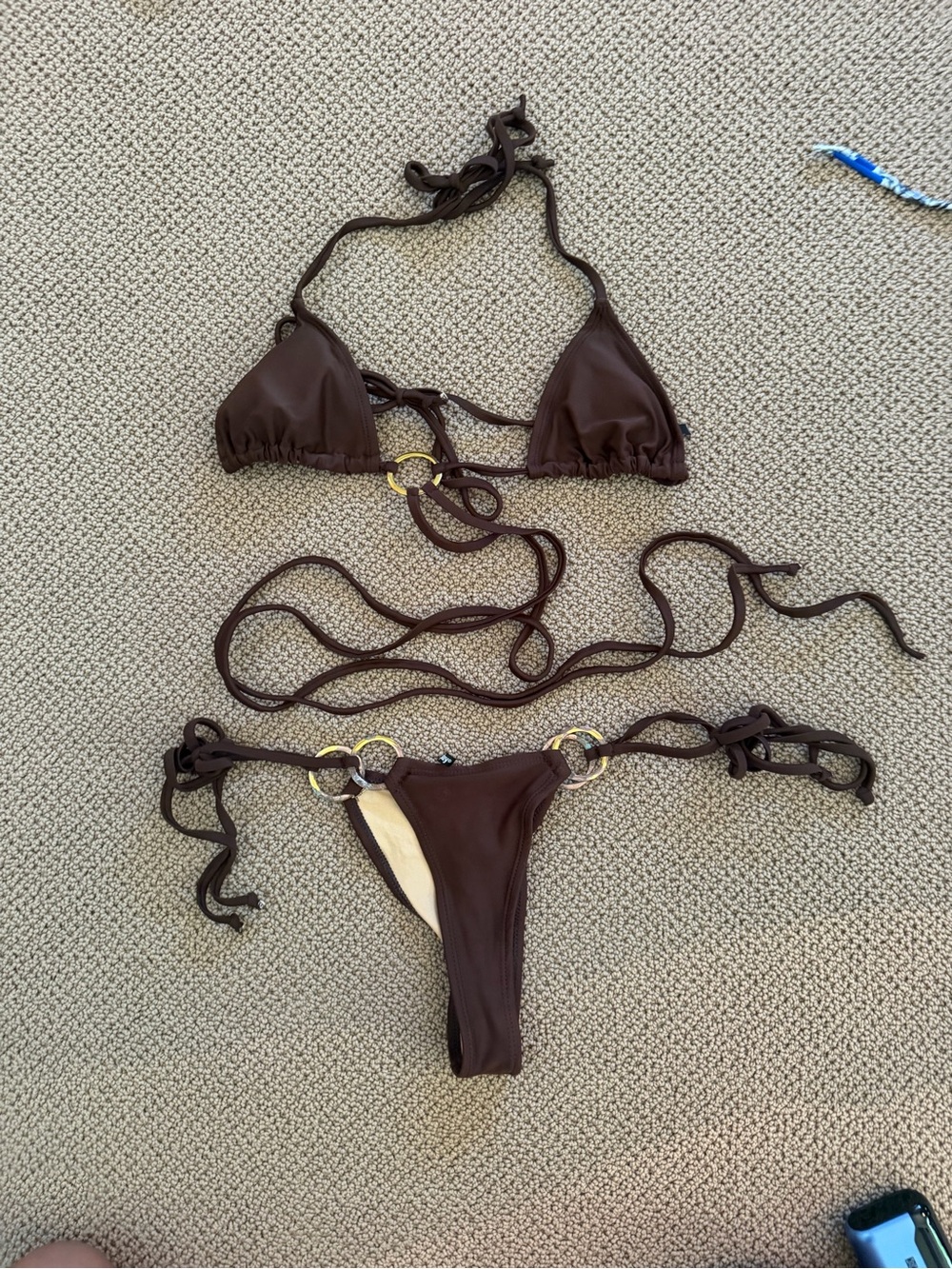 Forplay Brown Triangle Bikini with Gold Ring Accents
